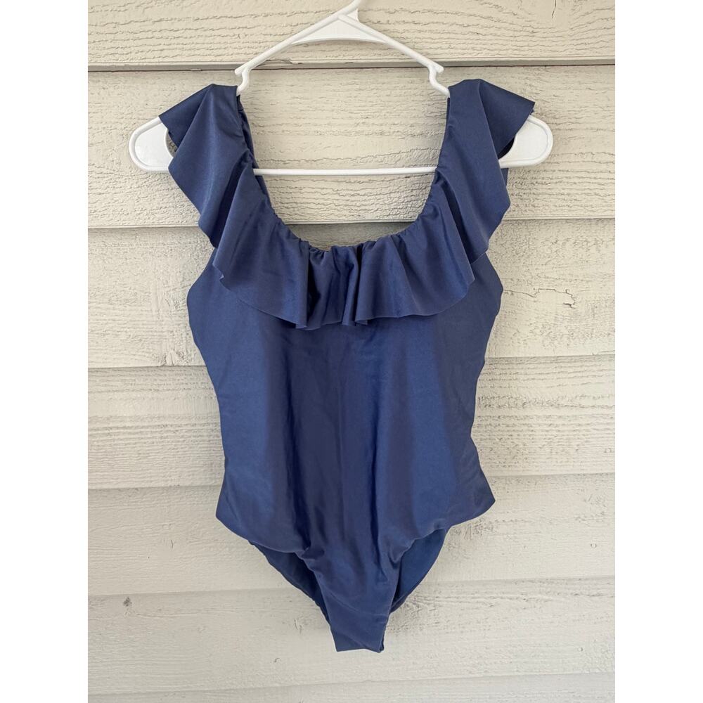 Blue Ruffle One Piece Swimsuit | Flounce Neckline | Medium